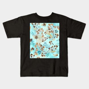 Hand-painted watercolor loose floral boho chintz in gold, blue, brown and turquoise as a seamless surface pattern design Kids T-Shirt